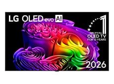 The front view of the LG OLED evo AI G6, released in 2026, displays layered vaivid multicolored forms on screen with the World’s No.1 OLED TV for 13 Years badge.